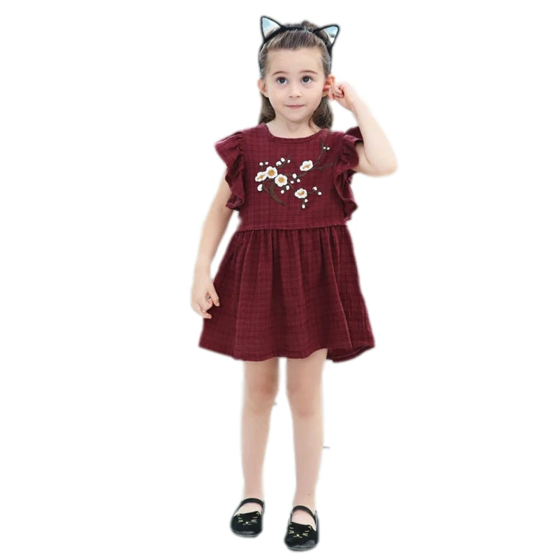 

2019 New Flower Girl Dress Princess Kids Baby Girls Sleeveless Dress Wine Red Floral Tulle Party Wedding Dress Children Summer