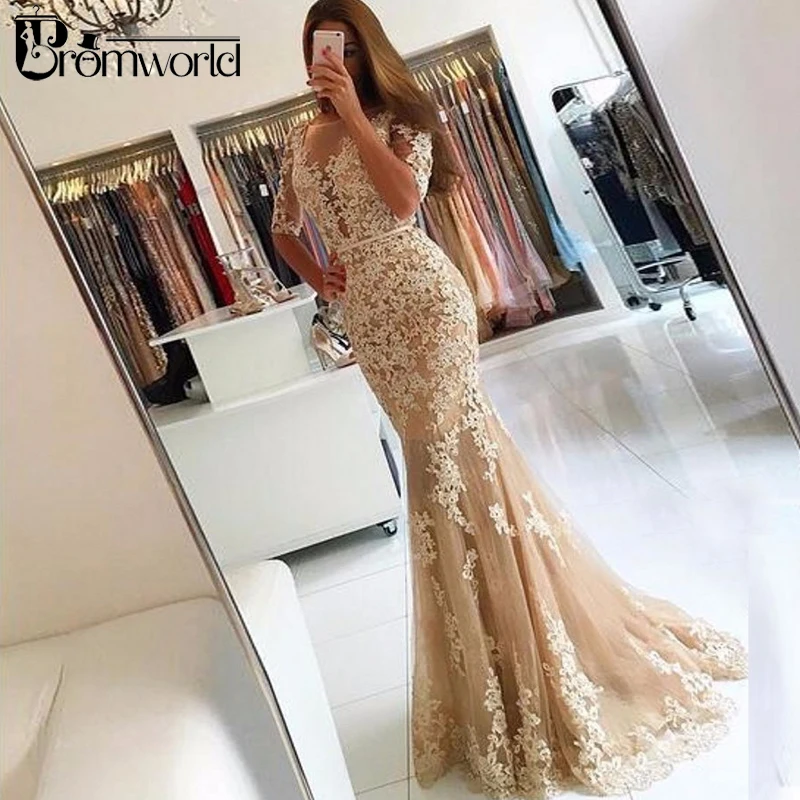 

Champagne Evening Dresses 2019 Half Sleeves Tulle Appliques Lace Backless Long Evening Gown Mermaid Prom Dresses Robe De Soiree