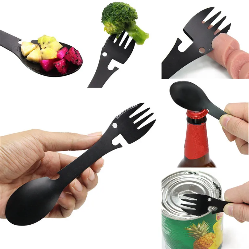 

Multifunctional Spoon Fork Camping Cookware Spoon Fork Bottle Opener Portable Tool Outdoor stainless steel Tableware #2n02
