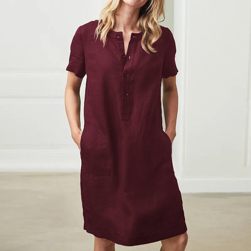 

Solid Color Casual Women Midi Dress Pockets Loose Button Decorated Knee Lenght Summer Dress Office Lady Female Dresses Robe