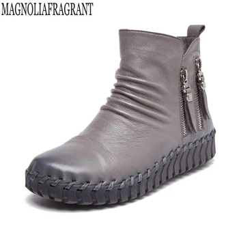 

2017 Autumn Fashion Women's boots Plus Size Genuine Leather Women Boots Pleated Ankle Boots Warm Soft Casual zapatos mujer k360