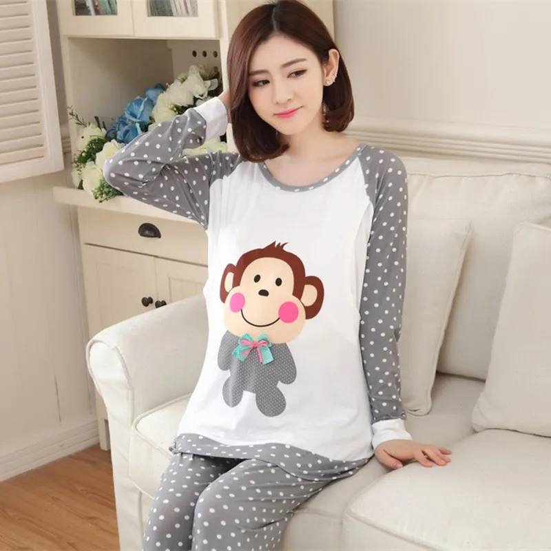 Spring Summer Cotton Nursing Pajamas Expectant Mother Feeding Dress Character Pregnant Women Pajamas Stretching  Coat + Pants 