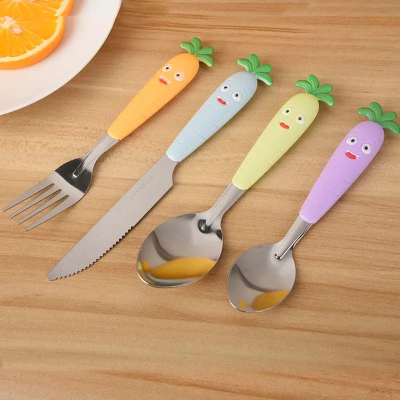 

4pcs Children Utensil Baby Tableware Set Infant Food Feeding Spoon Fork Carrot Cartoon Shape Toddler Dinnerware Kids Cutlery