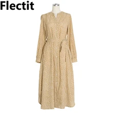 Flectit Floral Dress Button Up V Neck Long Sleeve with Bow Tie Side Slit Flower Midi Dress Womens Fall Vintage French Chic * brown fashion self tie design midi outerwear with side pockets