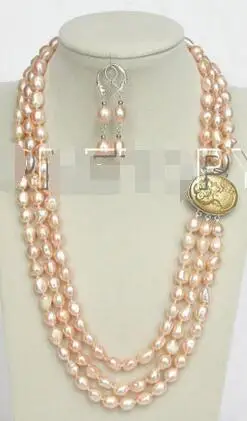 

Free Shipping >>>>20" 3rows 12mm natural pink baroque pearls necklace cameo E1443