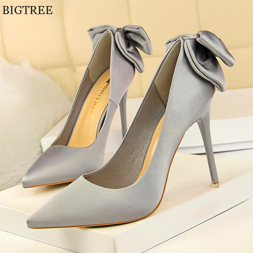Solid Silk Sweet Butterfly-knot Women Shoes 2021 New Arrival Pointed Toe High Heels Shallow Women's Fashion Wedding | Обувь