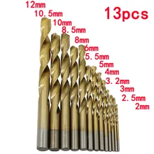 Jeu de 13 forets en acier rapide revêtu de titane HSS, outil de 2mm 2.5mm 3mm 3.2mm 4mm 5mm 5.5mm 6mm 8mm 8.5mm 10mm 10.5mm 12mm
