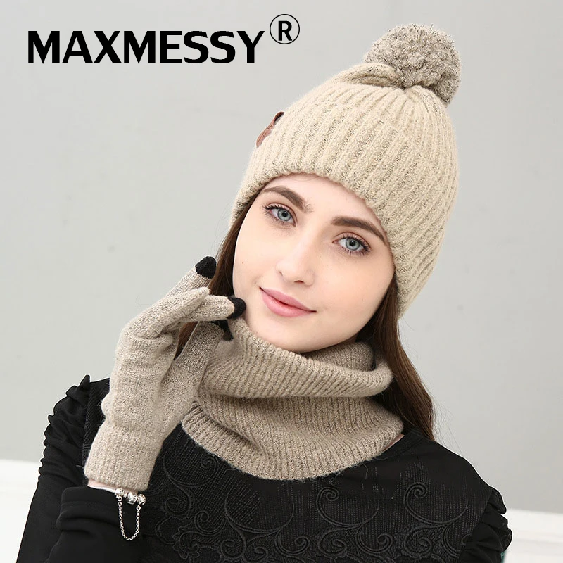 Maxmessy новая вязаная зимняя шапка шарф, перчатки набор Для женщин толстый Сенсорный экран перчатки шапочки кольцо шарф женский для подарок