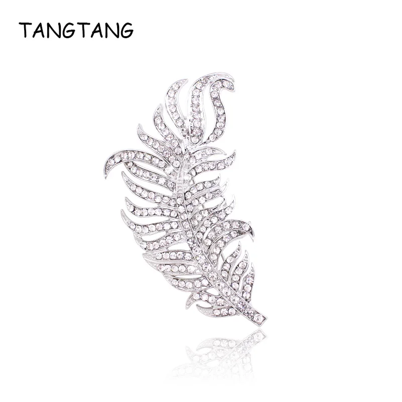 

TANGTANG Brooch Silver Plated Jewelry Pins Clear Crystal Feather Rhinestone Custome Pin Brooch For Women Gifts New, Item: FB004