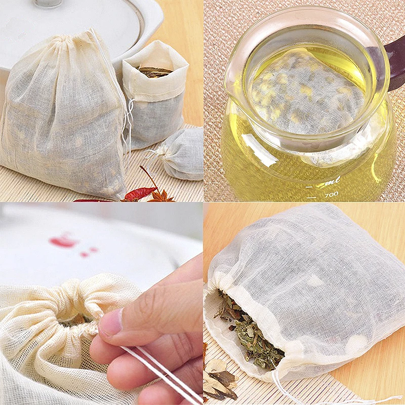 

10pcs 8*10cm Cotton Drawstring Straining Tea Cooking Separate Spice Filter Bag