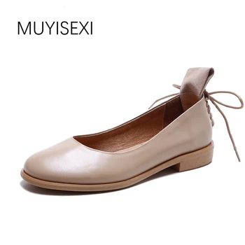 

MUYISEXI Women Shoes Genuine Leather Slip On Round Toe Preppy Style Flat Shoes for Lace-up Trim Apricot Black 33-43 KSL01