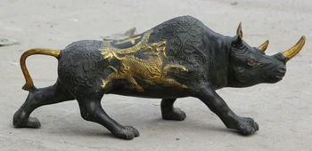 

USPS to USA S2170 Chinese Bronze Gild Wealth office rhinoceros Kylin sculpture Statue