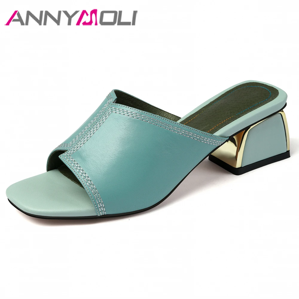 

ANNYMOLI Summer Slippers Women Shoes Cow Leather Shoes Metal Decoration Square Heel Sandals Open Toe Ladies Slides Spring 2019