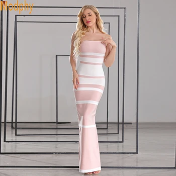 

2018 New Arrival Bandage Dress Chic Sleeveless Strapless Apricot Striped Celebrity Party Dress Sexy Woman Dress Vestidos D176