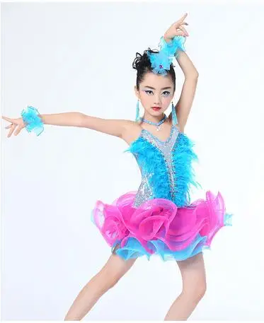 110-160 см 2 вида цветов голубого и розового цвета платье для танцев, танцевальное платье Румба латиноамериканские танцы платье для сцены, профессиональнпя, Женская Детское платье Костюм