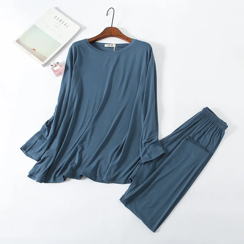 Пижама оптом, женская мягкая пижама из модала, Женская пижама с круглым вырезом, 2 шт., осень-весна, свободная повседневная одежда, большой размер, домашняя одежда - Цвет: Dark Blue as chart
