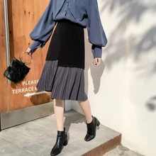 Новые весенние женские плиссированные юбки Высокая талия Harajuku юбка осенние миди юбки тонкие готические Лоскутные Saias Feminina