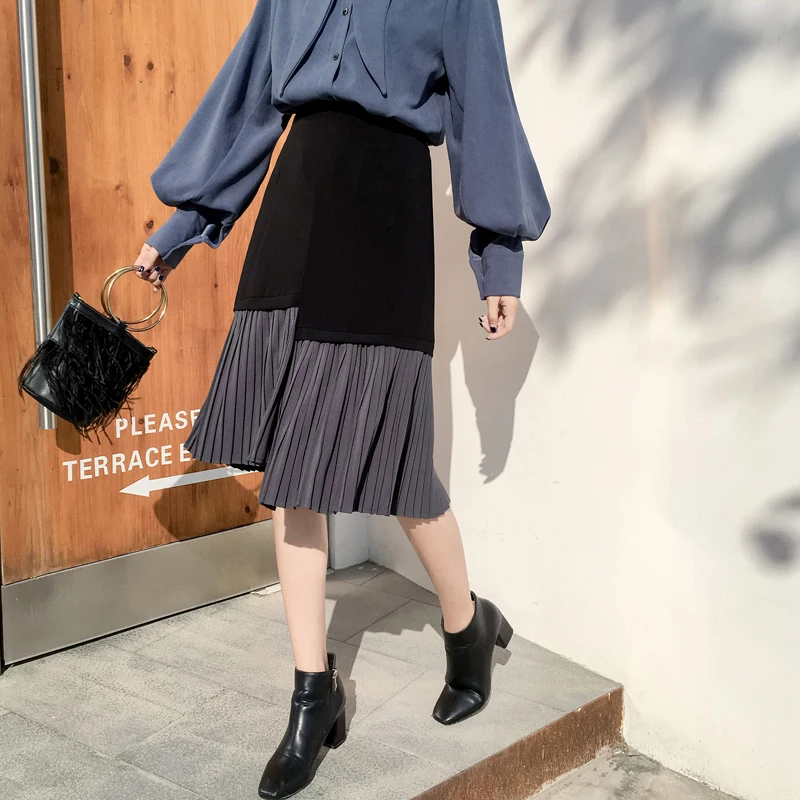 

New Spring Pleated Skirt Women 2019 High Waist Harajuku Skirt Autumn Midi Skirts Slim Gothic Patchwork Saias Feminina