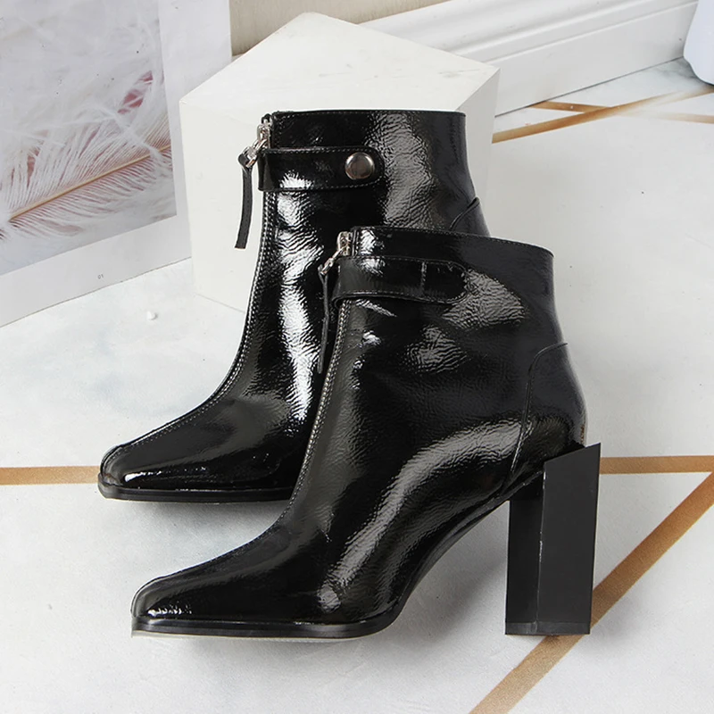 2019 европейский бренд лакированная кожа botas mujer ботильоны на высоком каблуке с