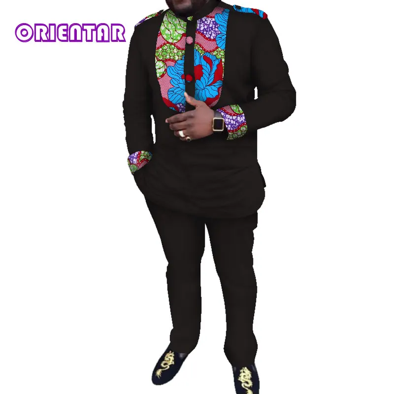 Повседневная мужская африканская одежда Африканский принт Лоскутная рубашка и брюки набор футболка с длинным рукавом Брюки мужские костюмы Дашики WYN543