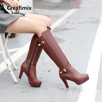 

Cresfimix women fashion autumn & winter warm boots female cool street platform boots female brown pu leather boots botas a2330