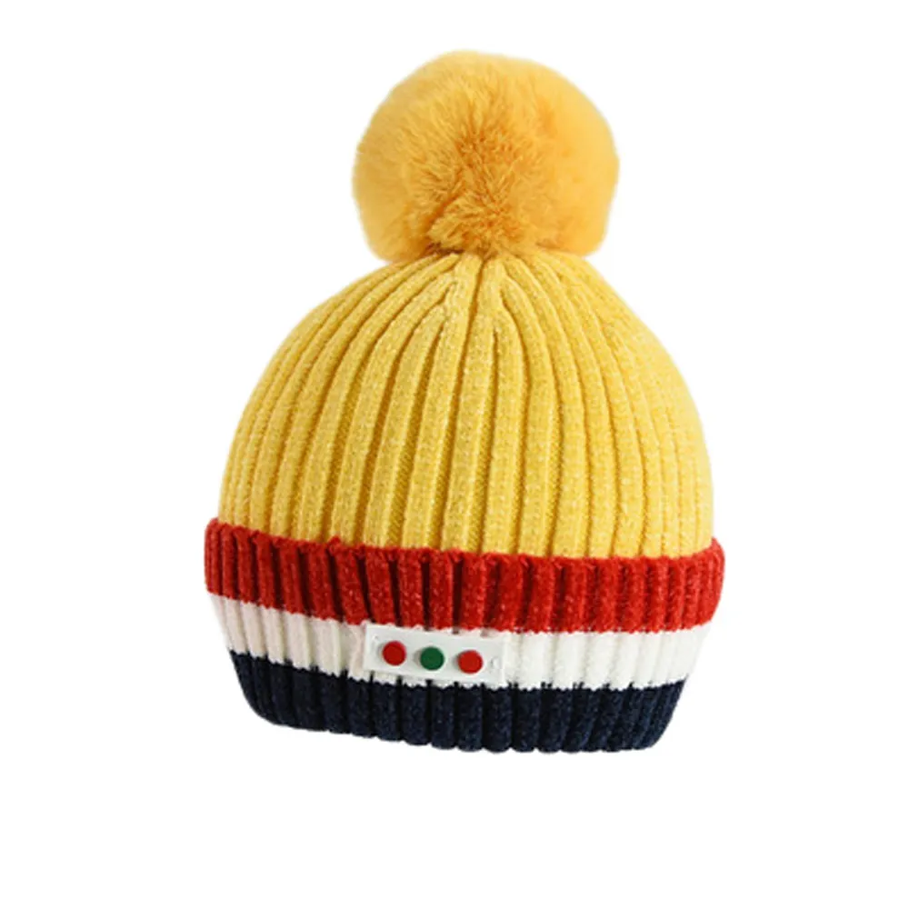 Милая детская зимняя шапка для новорожденных мальчиков и девочек, ботиночки с помпончиками, сохраняющие тепло, зимний меховой вязаный шарик, шерсть, конопляющая шапка L925 - Цвет: Yellow