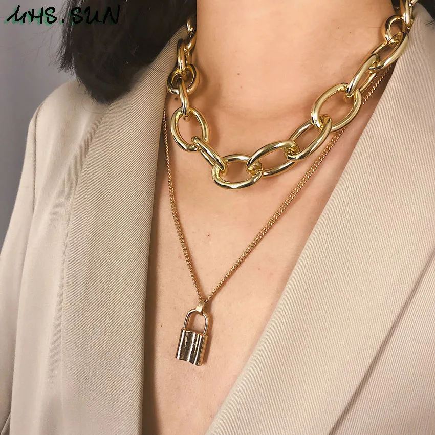32 (1),XR032,$2.3$1.6$1.7$1.7  Fashion Women Choker Necklace Charm Lock Pendants Chain Necklace Gold Silver Color Trendy Jewelry For Female Accessories