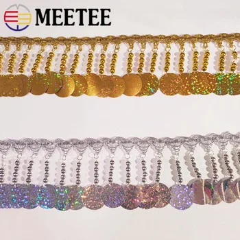 

Meetee 2Meter 70mm Sequin Tassel Lace Ribbon Trim Gold Silver Band for Latin Dance Stage Performance Clothing Accessories TF204