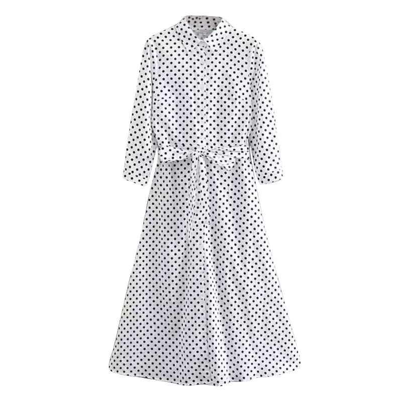 

Women Elegant Dots Print with Sashes Three Quarter Sleeve Turn Down Collar Single Breasted Maxi Dress FFZYQ141