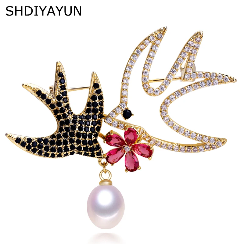 

SHDIYAYUN 2019 New Pearl Brooch For Women Two Swallow Brooches Pins Natural Freshwater Pearl Fine Jewelry Accessories Corsage