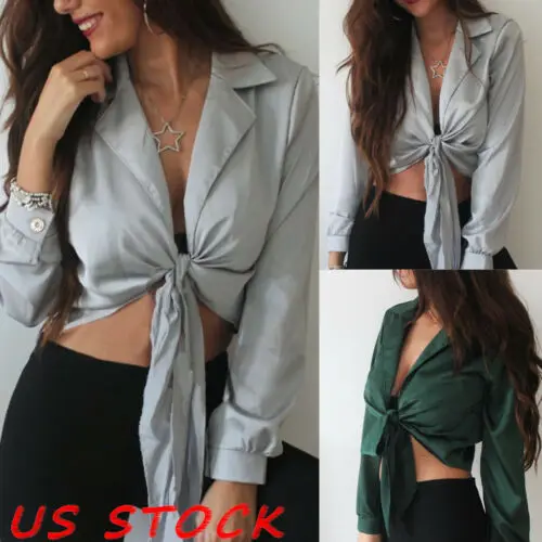 

Womens V-Neck Wrap Satin Loose Blouse Casual Ladies Shirt Crop Tops Sexy