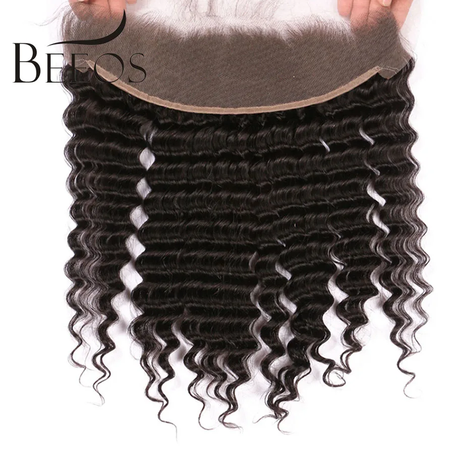 BEEOS Peruvian Deep Wave 13*4 Lace Frontal Remy Hair Pre Plucked Frontal Closure With Baby Hair Ear To Ear Swiss Lace