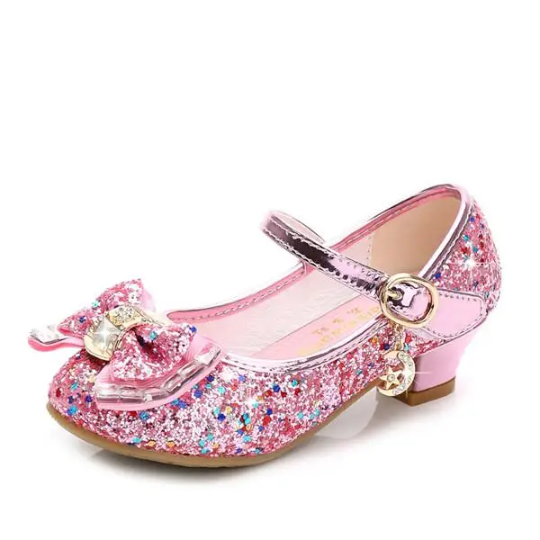 Детские туфли принцессы для девочек с блестками на высоком каблуке туфли с камнями модные Платье с бантом Серебряные Дети Свадебная вечеринка кожаная обувь - Цвет: Pink