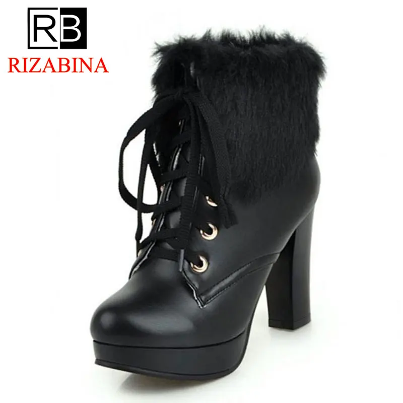 

RIZABINA 4 Color Women High Heels Ankle Boots Winter Lace Up Keep Warm Shoes Women Plush Fur Boots Platform Footwear Size 35-43