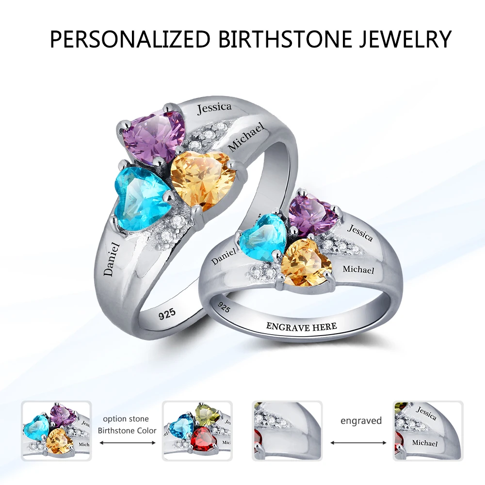 Mothers Rings Personalized Engrave Name Heart stone Jewelry 925 Sterling Silver Wedding Rings Birthday Gift (JewelOra RI101793)