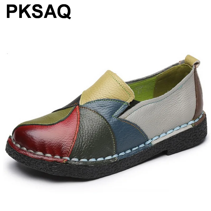

women Genuine leather shoes mixed colors autumn slip on casual shoes women loafers vintage flat shoes woman