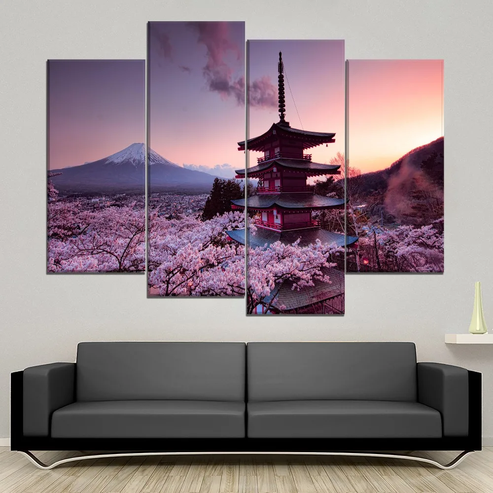

Chureito Pagoda and Mount Fuji Painting 4 Piece Style Canvas Print Type Picture Modern Home Decorative Wall Artwork Poster