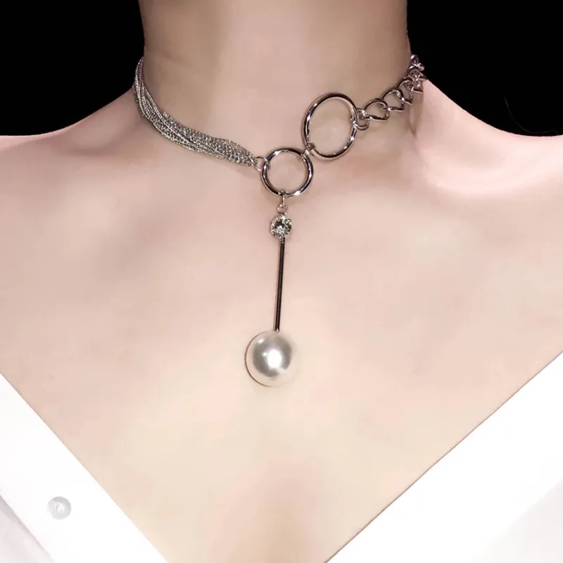 

Silver Color Alloy Link Chain Big Pearl Pendant Necklace for Women Circle Rhinestone Party Fashion Choker collares de moda 2019