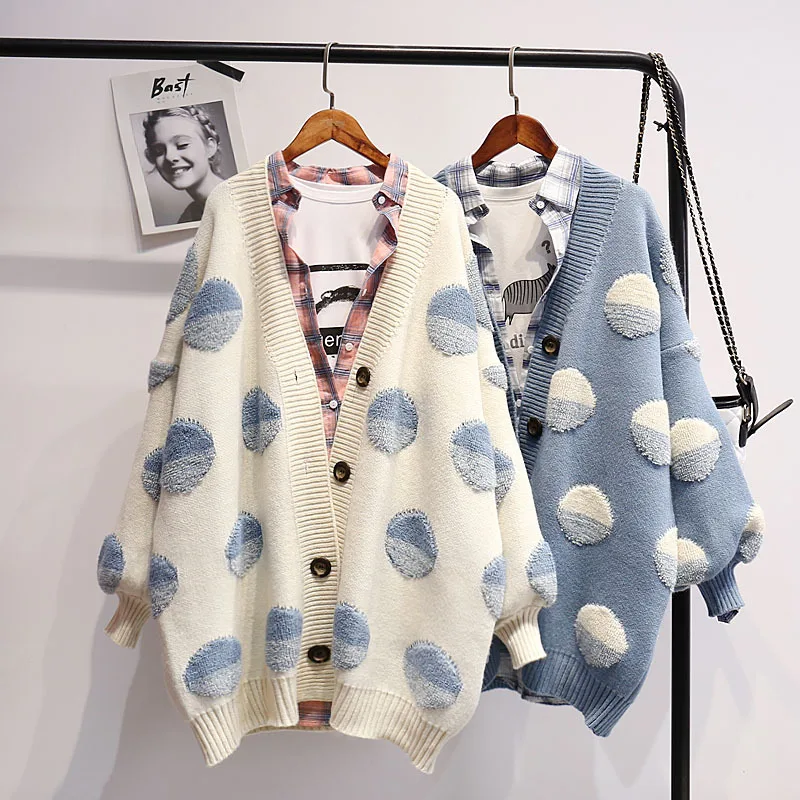 

Button Dots Cardigans Women 2019 Winter Loose Sweaters Casual Oversized Sweaters Cardigans Fashion Knit Jackets Women Sweater
