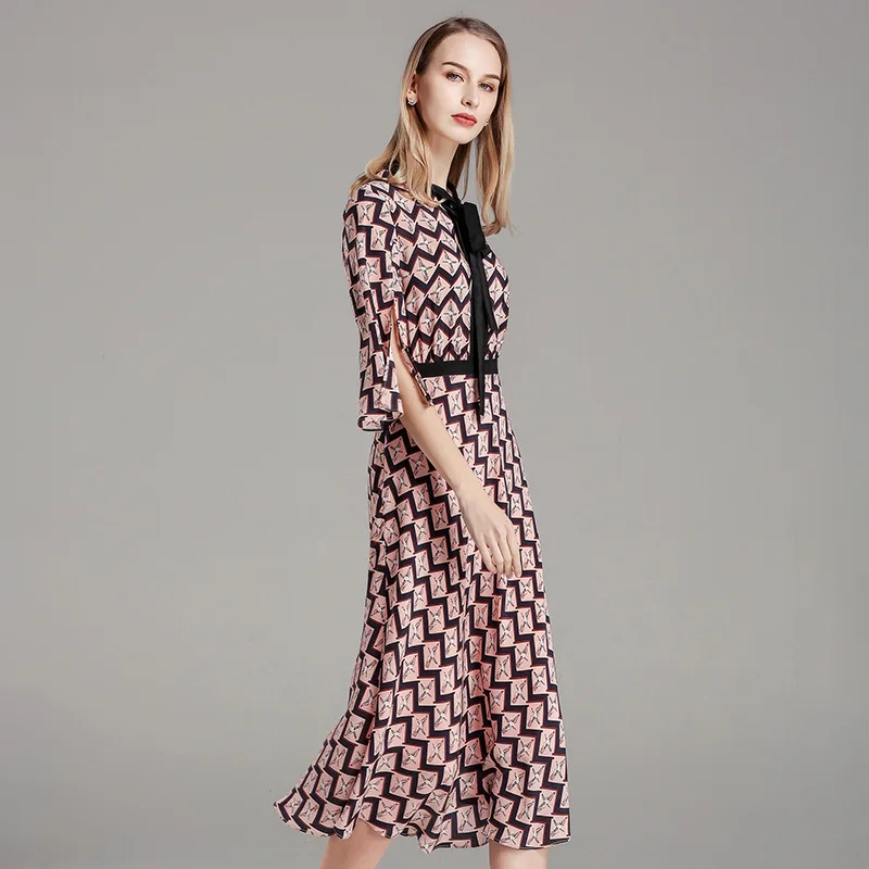 Elegant Bow Neck Floral Print Silk Women Dress Half Sleeve Female Retro Office Lady Dress 2019 Autumn Women Midi Vestidos