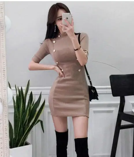 Temperament Lady Dresses Women Spring Design Sexy Bandage Sheath Mini White Knitted Double Button Tunic Sweater Dress 170D - Цвет: Khaki