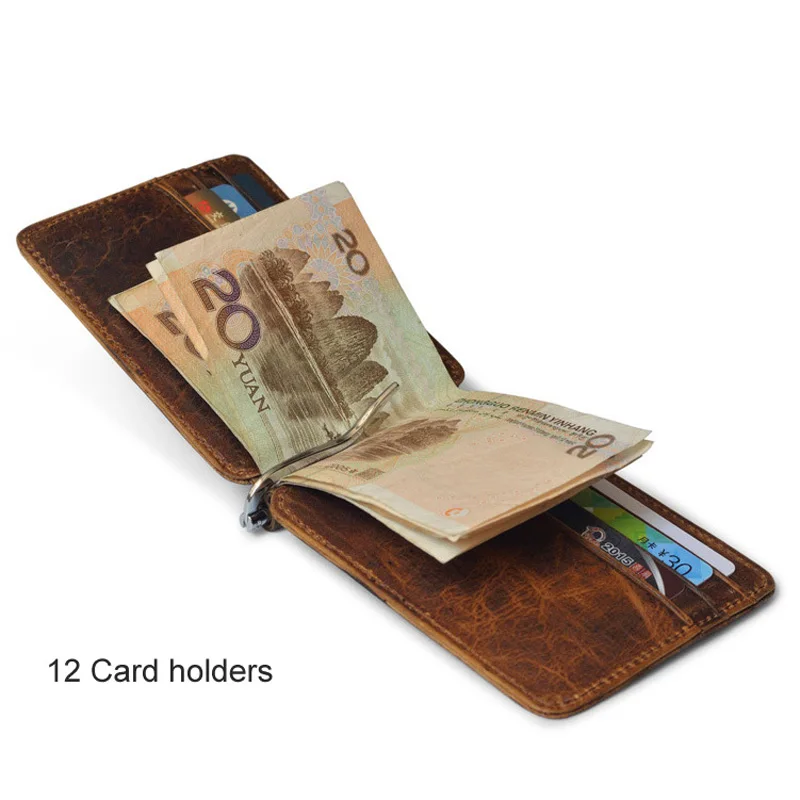 Vintage Men's Genuine Leather Money Clip Wallet With 12 Card Slots Metal Clamp Purse For Man metal money clip leather bill organizer