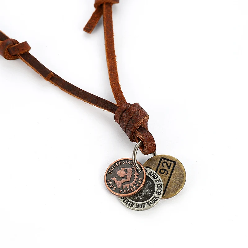 

New Arrival Punk Vintage Round Coins Pendant Necklace Brown Leather Chain for Men Jewelry Gifts