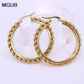 

MGUB stainless steel braid earring gold color 5mm wide Fashion women's accessories 40mm size Discount Wholesale LH515
