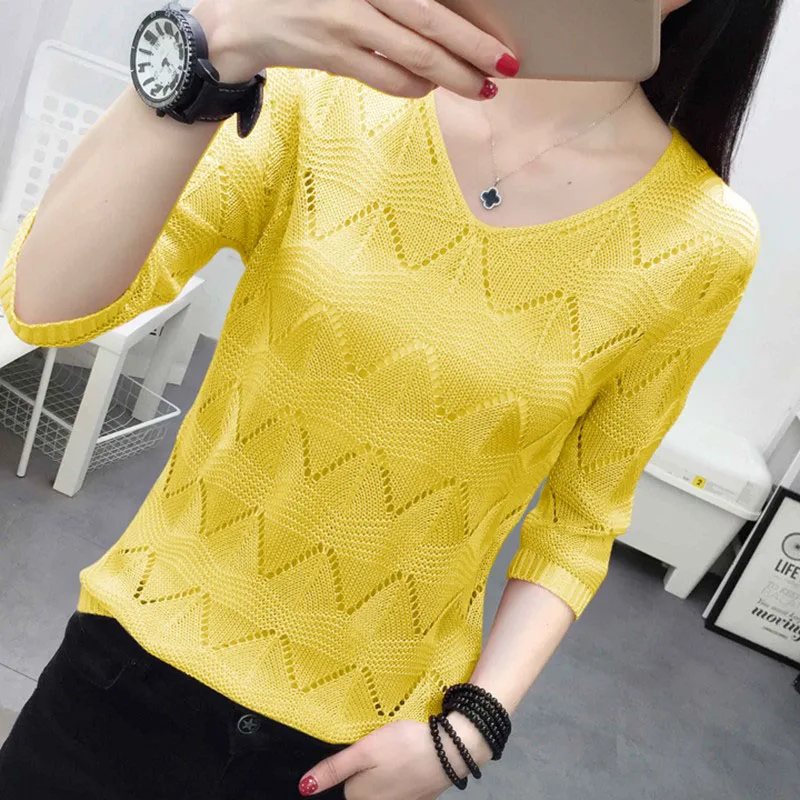 2019 Fashion Knitte Hollow Out Pullover Girls Summer Cool Ladies Pull Sweater Female Half Sleeve Jumper V-Neck Pullovers Tops | Женская