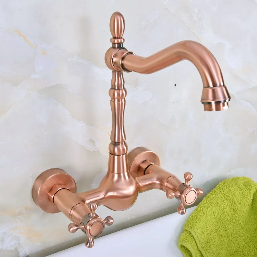 Antique Red Copper Brass Wall Mounted Bathroom Kitchen Sink Faucet Swivel Spout Mixer Tap Double Cross Handles Levers anf944