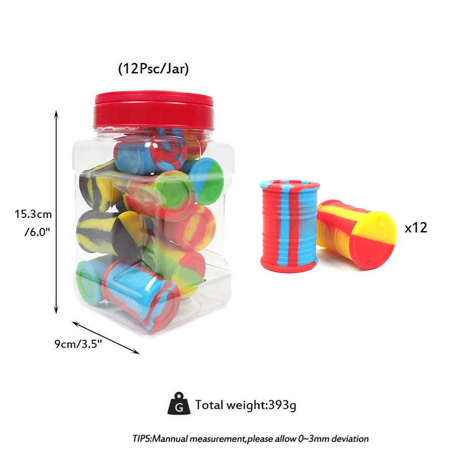 

12 pcs silicone oil barrel jar container of oil wax spray container in the form of a dab rubber drum 11 ml dried grass box
