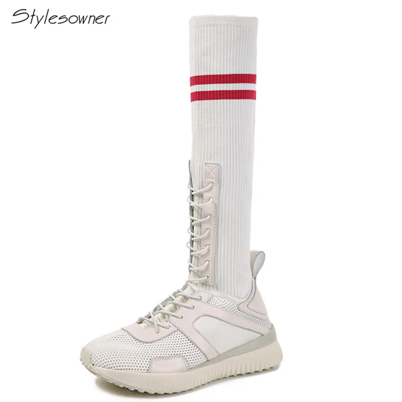 

Stylesowner Women 2018 Elastic Knitting Sock Boots Genuine Leather Platform Lace Up Boots Slim Mesh Heels Wedges Sneaker Boots
