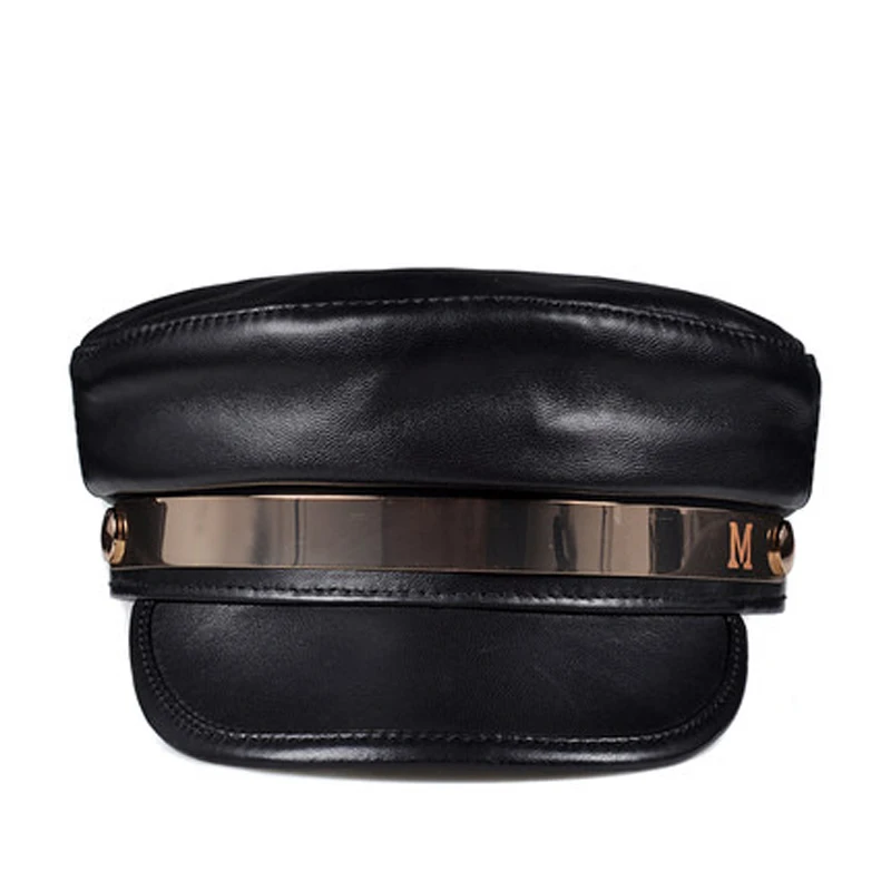 US $26.91 Womens Leather EuropeAmerica Steet Letter Golden Belt Flat Top Hats Female Casual Navy Cap Student Pop Military Hat