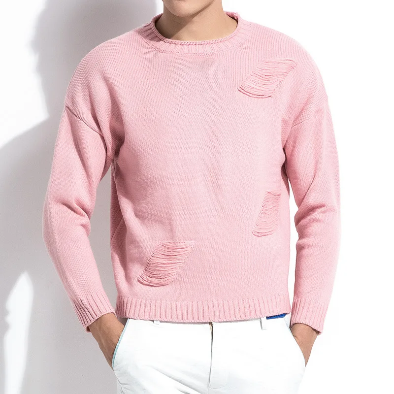 Autumn and winter new men's sweater pure color broken hole